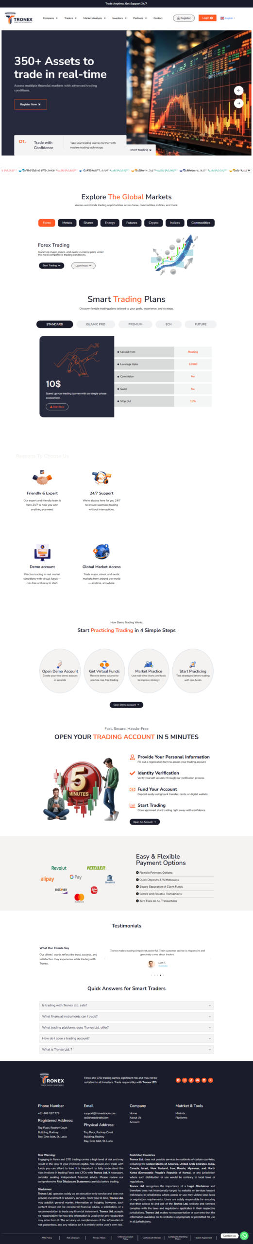 Tronex Trade website homepage showing real-time trading and global markets